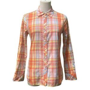 Talbots Long Sleeve 100% Cotton Orange Madras Plaid Woven Shirt Size S/P